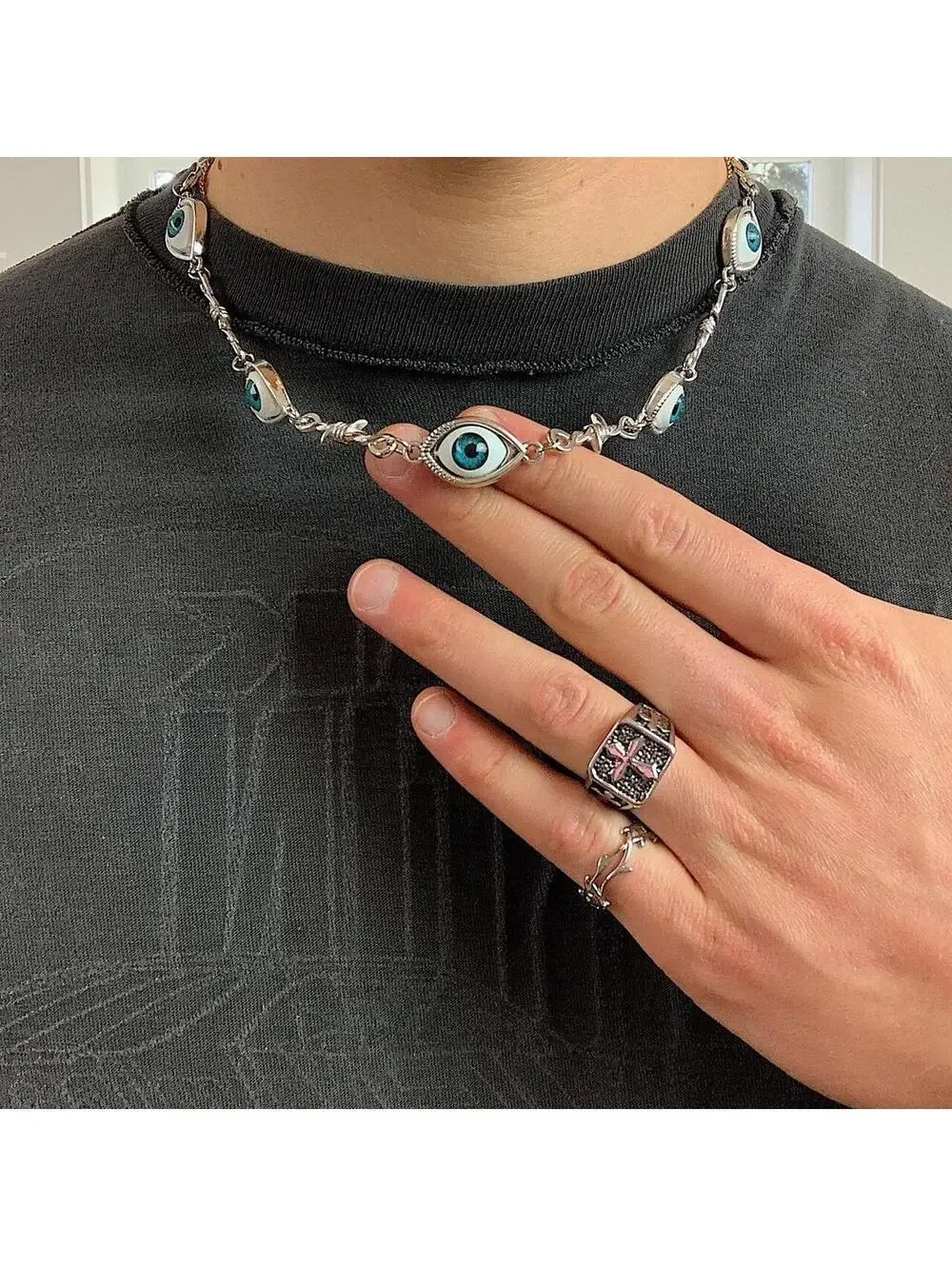 Cyberpunk Eye ball pendant barbwire y2k 2000s style necklace